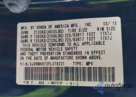 2015 Honda Cr-V Ex-L из США, поврежденный, VIN 5J6RM4H73FL078231